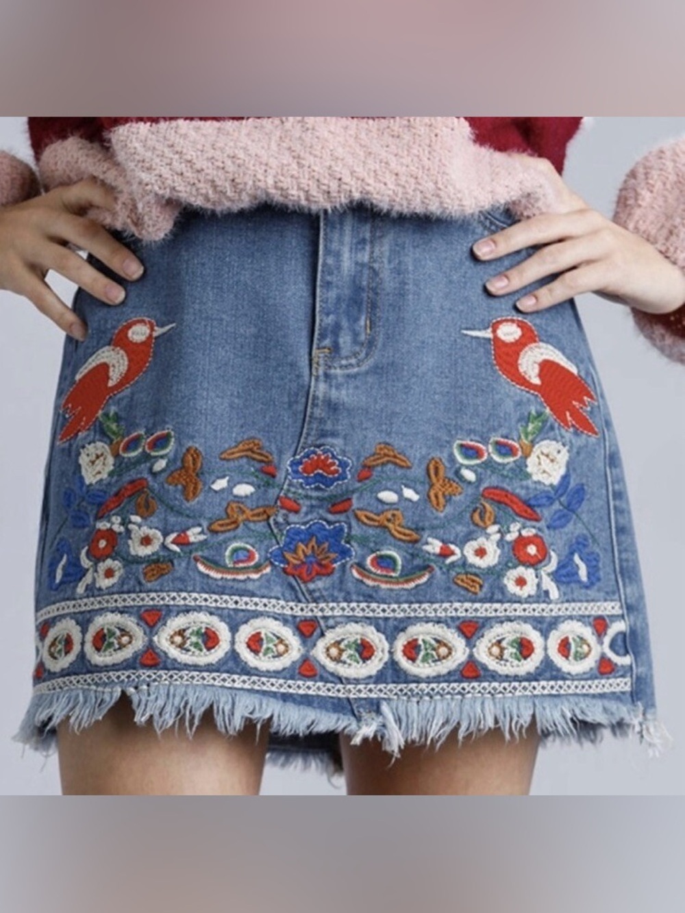 Umgee Denim Mini Skirt Size 1X Embroidered Birds Floral Raw Hem Boho Red Piper